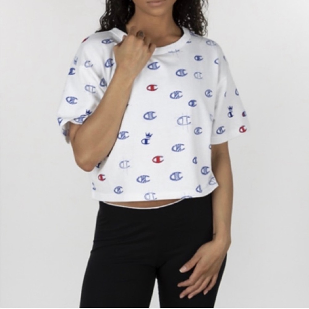 NWT Champion logo red white and blue reverse weave cropped tee shirt